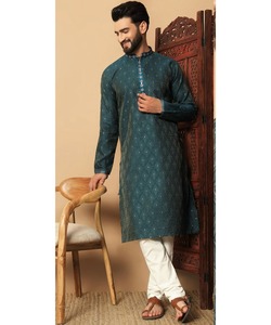 PathaniThobeKurta bleu marine pour homme en tissu de mariage avec pyjama en coton élégant et dernière chaîne de boutons de col - Product Image 4