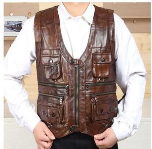 Gilet da uomo in vera pelle di vacchetta di nuova 2025 gilet da uomo senza maniche giacca spessa gilet da motociclista Multi tasca in pelle - Product Image 1