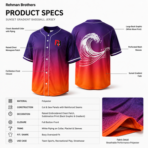 Maillot de baseball pour homme en polyester sublimé de qualité supérieure, dégradé violet-orange, coupe ample et oversize, style streetwear, personnalisable OEM Rehman - Product Image 5