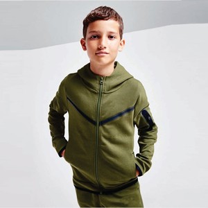 Logo de marque personnalisé 69% coton 31% polyester rugueux vert garçons Tech polaire survêtement fermeture éclair complète à capuche Joggers pantalons de survêtement survêtement - Product Image 3
