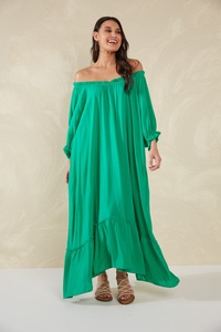 Mint manga larga estilo bohemio manga larga 100% tela de rayón Maxi vestido vacaciones mujeres sin tirantes con vestido de mujer escalonado - Product Image 4