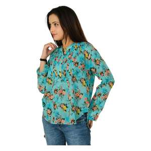 Blusa de algodón hecha a mano para mujer, Blusa de manga larga con estampado de bloques, decoración de botones bohemios, Tops de verano transpirables para el trabajo para el verano - Product Image 3