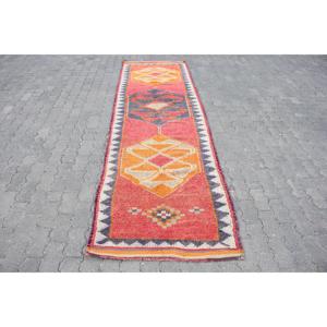 Vintage Turkish Rug 2.9x10.8 ft (89x330 cm), Herki <b>Red</b> <b>Wool</b> Rug - Product Image 1