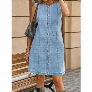 Combinaison en jean décontractée pour femmes, tendance, tricotée, longueur genou, respirante, 100% coton, tissu léger, vêtements d'été - Product Image 6
