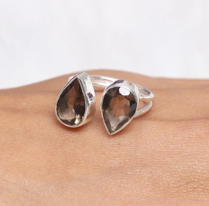 Trending 925 Sterling Silver Handmade <b>Adjustable</b> <b>Ring</b> Genuine Sparkling Smoky Quartz Pear Shape Double Band Classic Parties - Product Image 1