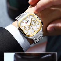 Montre-bracelet à quartz pour homme, boîtier carré en alliage, bracelet en acier inoxydable, cadran à échelle mixte, montre tendance