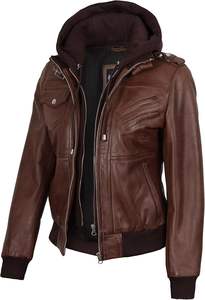 Blouson de moto bomber pour homme en cuir d'agneau à col rabattu zippé avec capuche amovible CANLEO respirant - Product Image 5