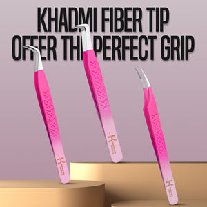 Pink Shade Eyelash Extension Tweezers, KHADMI IMPEX Fiber Tip lash Straight and Curved And Volume Eye Lash Tweezers - Product Image 1