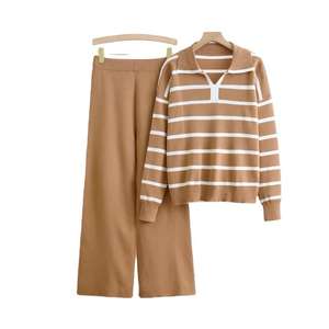 Conjunto de suéter para mujer, conjunto de dos piezas de pantalones de pierna ancha de punto suelto informal con rayas contrastantes europeas y americanas para mujer, envío directo - Product Image 5