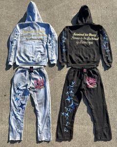 Custom High Quality Breathable Cotton Streetwear Tracksuit Set-Acid Wash Screen Printed Flared Sweatpants and Hoodie - Product Image 2