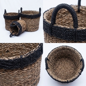 Natural Banana Bark Recycled <b>Plastic</b> <b>Basket</b> Set Black Thick Rim Arch Handle Cylinder Pot Planter Pure Art Setup Room Decor Art - Product Image 3