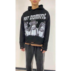 Sweat à capuche court ample lavé à l'acide pour hommes 100% coton tricoté motif solide Streetwear hommes en détresse sweat à capuche lavé à l'acide - Product Image 6