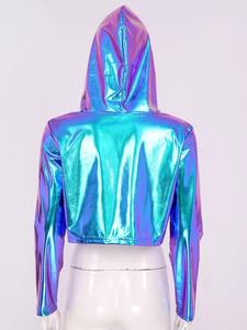 เสื้อกันหนาวกีฬาสำหรับผู้หญิงเสื้อครอปมีฮู้ดเมทัลลิกแขนยาวมีซิปเสื้อครอปแบบลำลอง - Product Image 5