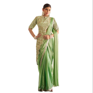 Eid Collection vente chaude vêtements de fête Chinon broderie belle imprimé riche Pallu travail prêt à porter Saree avec chemisier - Product Image 1