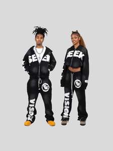 Conjunto de Sudadera con Capucha y Pantalones Deportivos con Parches Desgastados Personalizados, Estilo Vintage, Lavado Ácido, Cierre de Cremallera, Corte Recto y Ajustado para Hombre - Product Image 2