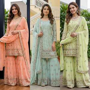 ชุดชาราราผ้าจอร์เจตต์เทียมแบบดั้งเดิมของอินเดีย พร้อมงานปักด้วยด้าย ซีเควนซ์ และงานปักด้วยด้ายซารี พร้อมผ้าคลุมไหล่ดีไซน์เนอร์ - Product Image 3