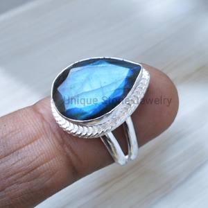 Bague de créateur pour femme en argent sterling 925 faite à la main en labradorite bleue facette pierre naturelle diamant serti de lunette principale - Product Image 2