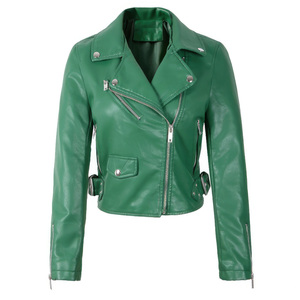 Chaqueta de cuero de piel de oveja auténtica de motorista verde para mujer con cuello de solapa, ropa de abrigo elegante ajustada para motocicleta - Product Image 5