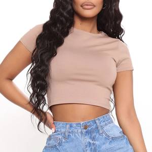 Top corto de microfibra con cuello redondo para mujer, Camiseta de punto de manga corta transpirable ligera de secado rápido, serigrafía con logotipo personalizado de 300 gramos - Product Image 2