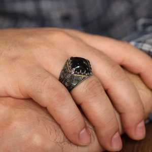 925 Sterling <b>Silver</b> Men's Cluster <b>Ring</b> <b>with</b> <b>Black</b> Pressed Amber <b>Stone</b> Fashionable Bezel Setting for Casual Occasions - Product Image 1