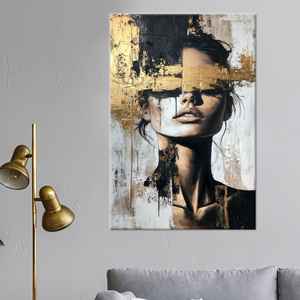 Portrait de Femme Dorée : Tableau sur Toile Abstrait Noir et Or, Prêt à Accrocher - Product Image 1