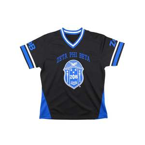 Zeta Phi Beta Camiseta de fútbol negra 100% Poliéster Escudo bordado Mangas delanteras y traseras Cuello en V Dobladillo de rayas dobles - Product Image 1