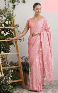 Latest Indian Designer Pink Color Georgette <b>Saree</b> with Embroidery Sequence & <b>Blouse</b> for Women Wedding Wear - Product Image 2