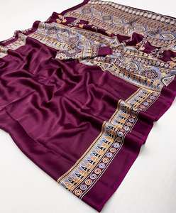 Designer Indian Beautiful wear Indian Designer Ajrakh Print Satin Crepe Saree Design Pakistani Wedding and Party Wear saree - Product Image 2