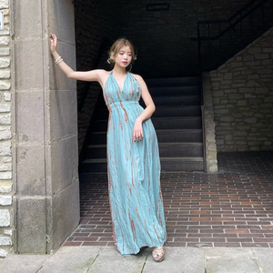 Ladies Summer Beach Tie Dye Backless Long Sexy Summer Maxi Dress Spaghetti Strap Boho Beach Wear For Women Ladies Dress - Product Image 1