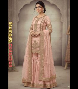 Sharara Rosa 2025 con Cristales, Dupatta de Organza, Adornos de Perlas y Corte de Dama en Chifón para Bodas y Graduaciones - Product Image 4