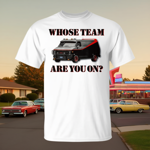 Di che squadra sei parte? T-shirt pop culture anni '80 in stile promozionale Black Van - Product Image 3