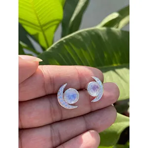 925 <b>Silver</b> Crescent Moonstone <b>Stud</b> Earrings Trendy 14K/18K Gold Bezel Setting Rose Gold 18K Gold Gold Zircon Animal Pattern - Product Image 3