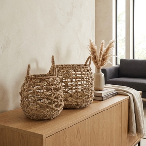 Panier de rangement moderne en jonc de mer naturel, écologique, avec poignée en maille ouverte, pour décoration de table et d'intérieur - Product Image 5
