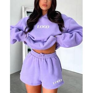 Survêtement de jogging 2 pièces avec logo personnalisé pour femme Sweat à capuche d'hiver et short en coton au-dessus du genou avec décoration à motifs - Product Image 5