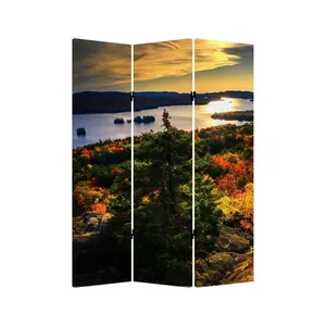 Pantalla Plegable de Lona de Doble Cara con Diseño de Atardecer Otoñal Junto al Lago - Product Image 5