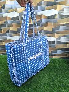 Hand Block Printed Cotton Quilted Fashion Bohemian Frill Tote Bag with Two Handles and Open Closure - Product Image 5