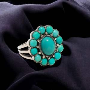 Elegant 925 Sterling Silver Classic Diamond Cut <b>Turquoise</b> Gemstone <b>Ring</b> Rare for Wedding Engagement Anniversary Party Gift - Product Image 3