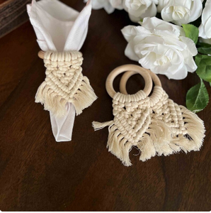 Juego de servilleteros de macramé beige, Decoración de mesa de macramé bohemio, cena rústica de madera, accesorios de ajuste de lugar - Product Image 1