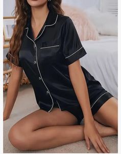 Ensemble de vêtements de nuit en Satin à fleurs pour femmes bouton décontracté haut de pyjama en soie short uni/solide imprimé fleuri costume de nuit pour la nuit de mariée - Product Image 2