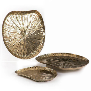 Leaf shape aluminum gold polished serving <b>tray</b> set of 3 with artistic cutwork design for modern <b>kitchen</b> setups - Product Image 1