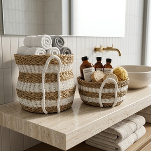 Natural Seagrass Recycled <b>Plastic</b> Storage <b>Basket</b> Set White Stripe Belly Pot Planter Pure Art Arch Handle Decor Setup Room Design - Product Image 4