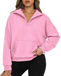 Sudadera con Capucha Rosa de Media Cremallera para Mujer, Sudadera Holgada de Felpa Suave con Cuello Alto, Ropa de Invierno Acogedora, Estilo Casual, Cómoda con Bolsillo - Product Image 1