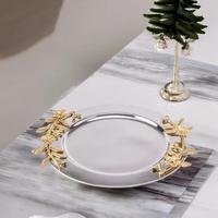 Vente en gros plateau exclusif en acier inoxydable poignée feuille d'or assiette de service en chocolat argenté nickelé plaque de chargement en aluminium