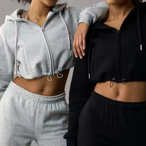 Vêtements de sport pour femmes, hauts courts à manches courtes en coton ajustables à la taille, col montant, vêtements de sport amples, sweat-shirt à capuche - Product Image 3