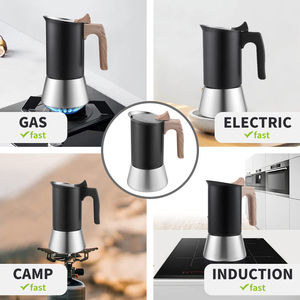 Cafetière Moka en acier inoxydable écologique 6 tasses, machine à expresso <span class=keywords><strong>italienne</strong></span> pour cuisinière avec poignée en bois, compatible induction, logo personnalisé - Product Image 3