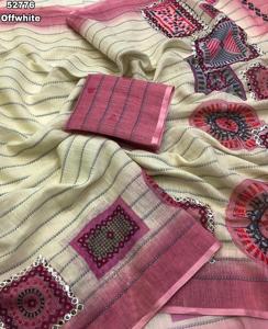 Sari en lin doux pour femme avec broderie et travail de miroir en feuille d'aluminium, design indien, en stock - Product Image 4