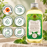 Huile de massage à la menthe poivrée 200 ml, huile corporelle rafraîchissante avec des huiles d'amande, de noix de coco et de pépins de raisin pour massage professionnel en spa et pour une peau douce et soyeuse