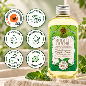 Huile de massage à la menthe poivrée 200 ml, huile corporelle rafraîchissante avec des huiles d'amande, de noix de coco et de pépins de raisin pour massage professionnel en spa et pour une peau douce et soyeuse - Product Image 3