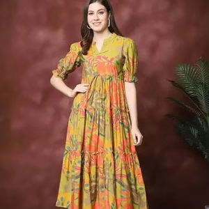 Vestido de algodón con estampado floral indio hecho a mano para mujer, elegante viaje de verano y regalo nupcial, suministro ODM, cintura Natural - Product Image 1