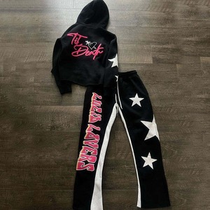 ชุดเสื้อผ้าสองชิ้นพิมพ์ลายพัฟแนววินเทจชุดวอร์มมีฮู้ดชุดวอร์มกางเกงขาบานแบบมีกระเป๋า - Product Image 2